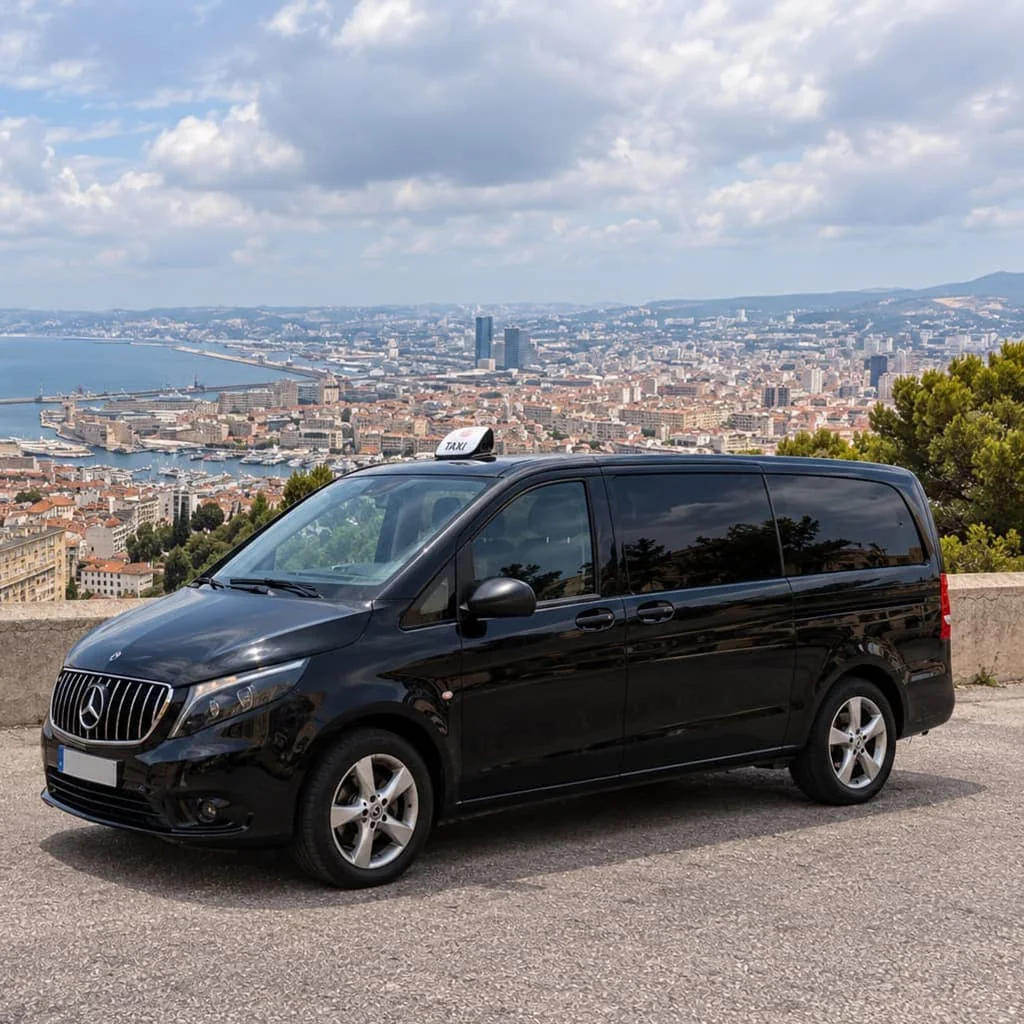 Taxi Mercedes noir stationné sur un belvédère dominant une ville en bord de mer.